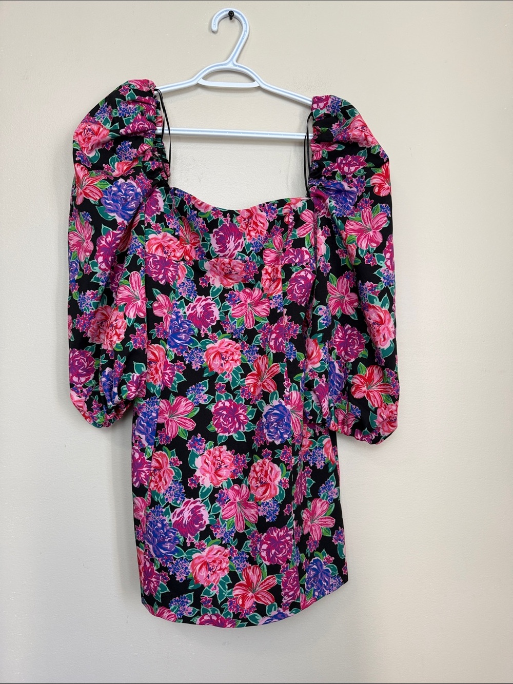 Zara Floral Puff-Sleeve Mini Dress - Pink & Purple on Black size M